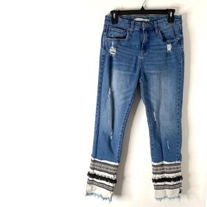 Chelsea & Violet Bohemian Embroidered Cropped High Waist Rip Jeans Frayed Cuffs